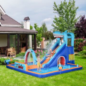 Outsunny 6 In 1 Shark-themed Bouncy Castle, Inflatable Water Park, With Slide, Pool, Trampoline, Blower, For Ages 3-8 Years