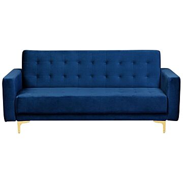Sofa Bed Navy Blue Velvet Tufted Fabric Modern Living Room Modular 3 Seater Gold Legs Track Arm Beliani