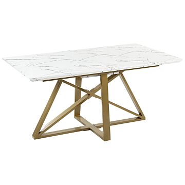 Dining Table Marble Effect Mdf Gold Metal Legs 160/200 X 90 Cm Extendable Top Rectangular