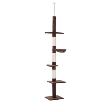 Pawhut Floor To Ceiling Cat Tree For Indoor Cats 5-tier Kitty Tower Climbing Activity Center Scratching Post Adjustable Height 230-260 Cm Brown