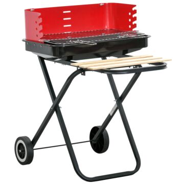 Outsunny Bbq Grill Charcoal Barbecue Grill Garden Foldable Bbq Trolley W/ Windshield, Wheels, Side Trays, Red/black