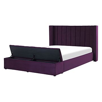 Eu Double Size Panel Bed Violet Velvet 4ft6 Slatted Base High Headrest With Storage Bench Beliani