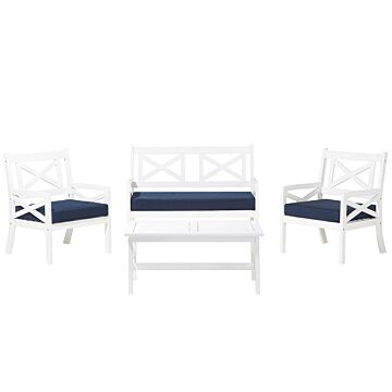 Garden Sofa Set White Acacia Wood Blue Cushions 4 Seater With Table Outdoor Conversation Set Beliani