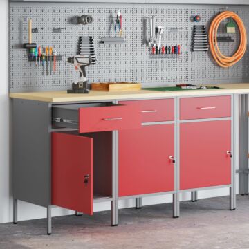 Vidaxl Work Cabinet Set Set Of 3 Red And Grey Steel 150 X 55 X 85 Cm