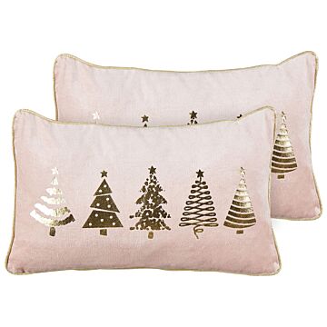Set Of 2 Scatter Cushions Pink Velvet Fabric 30 X 50 Cm Christmas Tree Pattern Cotton Removable Covers Living Room Bedroom Beliani