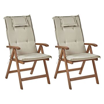 Set Of 2 Garden Chair Dark Acacia Wood Natural With Taupe Cushions Adjustable Foldable Outdoor With Armrests Country Rustic Style Beliani