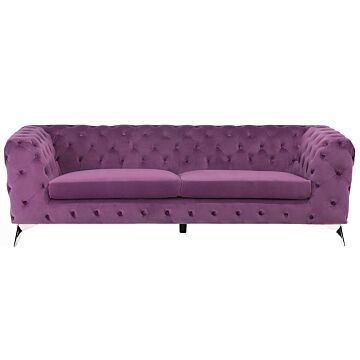 3 Seater Sofa Purple Velvet Chesterfield Style Low Back Beliani