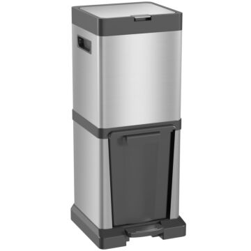 Homcom Dual Kitchen Bin, 20+14l Double Bin, Stainless Steel Vertical Pedal Bin With Tilt Out Bin, Soft-close Lid, Removable Inner Buckets And Handles, Silver