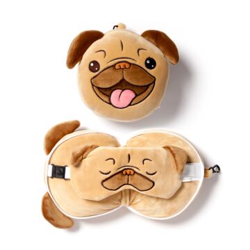 Mopps Pug Relaxeazzz Plush Round Travel Pillow & Eye Mask Set