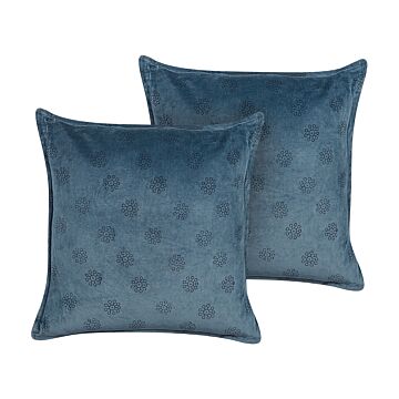 Set Of 2 Decorative Cushions Dark Blue Velvet And Cotton 45 X 45 Cm Geometric Pattern Block Printed Boho Decor Accessories Beliani