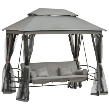 Outsunny 3 Seater Swing Chair Hammock Gazebo Patio Bench Outdoor With Double Tier Canopy, Cushioned Seat, Mesh Sidewalls, Grey