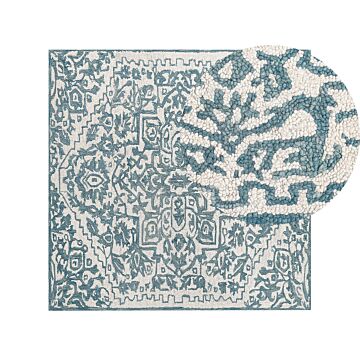 Area Rug White Blue Wool 200 X 200 Cm Flat Weave Hand Tufted Oriental Pattern Beliani