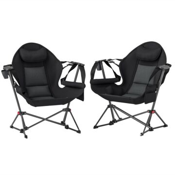Outsunny Hammock Camping Chair Set Of 2, Adjustable Back Swinging Camping Chair Portable Camp Chair With Cup Holder, Headrest, Padded Seat And Carry Bag For Travel Fishing Hiking, Black