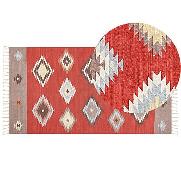 Kilim Area Rug Multicolour Cotton 80 X 150 Cm Low Pile Geometric Pattern Rectangular Traditional Beliani