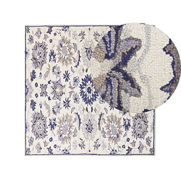 Area Rug Beige And Blue Wool 200 X 200 Cm Thick Dense Pile Oriental Pattern Beliani