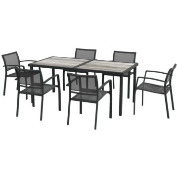 Outsunny 7 Pieces Garden Dining Set, Stackable Chairs, Outdoor Patio Dining Set, 6 Seater Outdoor Table And Chairs W/ Breathable Mesh Seat
