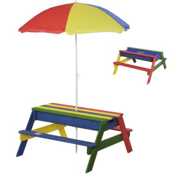 Outsunny Kids Picnic Table Set Wooden Bench Rainbow With Sandbox Removable & Height Adjustable Parasol Outdoor Garden Patio Backyard Beach
