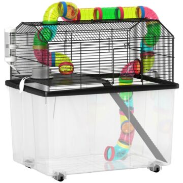 Pawhut 2 Tier Hamster Cage With 31cm Deep Tray, Tube System, Water Bottle, Ramp, Feeding Bowl, 58 X 43 X 57cm, Multicolour