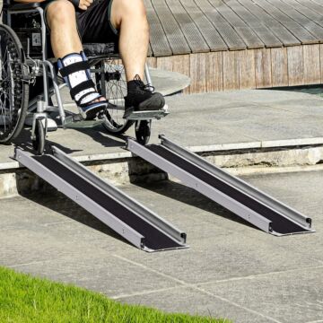 Homcom 2pcs Telescopic Wheelchair Ramps, 244l X 19.5wcm, 270kg, Folding Aluminium Door Threshold Ramps For Home, Mobility Scooters, Doorways, Steps, Stairs, With Non-slip Surface, Carrying Bag