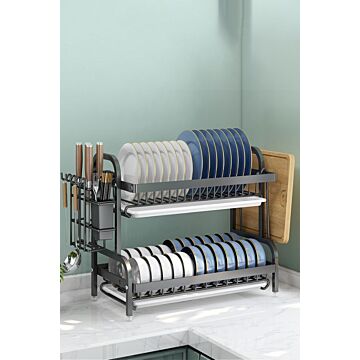 2-tier Steel Dish Drainer Rack Drying Storage Rack Kitchenware Shelf With Kitchen Utensil Holder