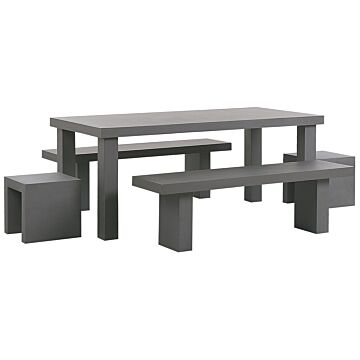 Garden Dining Set Grey Concrete Rectangular Table 2 Benches 2 Stools 6 Seater Water Resistant Beliani