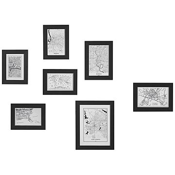 Set Of 7 Framed Maps Black Various Sizes Retro Hooks Gallery Living Room Wall Mounted Beliani