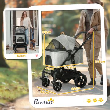 Pawhut 2-in-1 Design Pet Stroller Detachable Bag Travel Trolley With Shock-absorbing System Brake Basket Adjustable Handlebar Safety Leash Grey