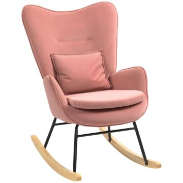 Homcom Velvet Rocking Chair Armchair With Lumbar Pillow, Metal Legs And Wood Base For Living Room, Bedroom, Pink