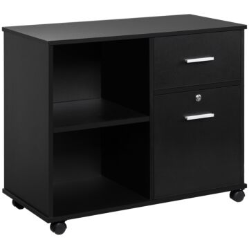 Vinsetto Filing Cabinet With Wheels, Mobile Printer Stand With Open Shelves And Drawers For A4 Size Documents, Black
