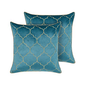 Set Of 2 Decorative Cushions Blue Quatrefoil Pattern 45 X 45 Cm Foil Print Moroccan Clover Glamour Beliani