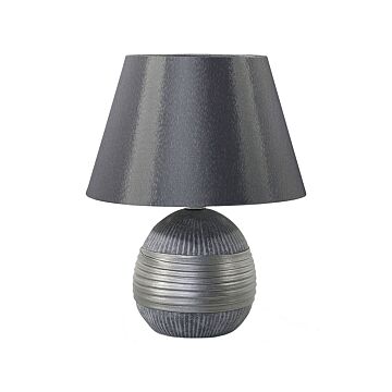 Table Lamp Silver Ceramic Base Faux Silk Cone Shade Bedside Table Lamp Beliani