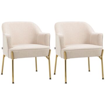 Homcom Accent Chair, Living Room Armchair, Vanity Chair With Gold Plating Metal Legs And Soft Padded Seat For Bedroom And Café, Set Of 2, White
