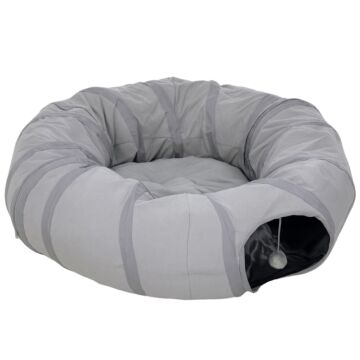 Pawhut 2 In 1 Cat Tunnel With Bed, Cat Play Tunnel With Ball & Peek Hole For Indoor Cats, Grey