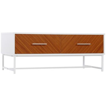 Homcom Modern Coffee Table, Rectangular Cocktail Table With Drawers And Open Storage Compartment, Metal Legs For Living Room