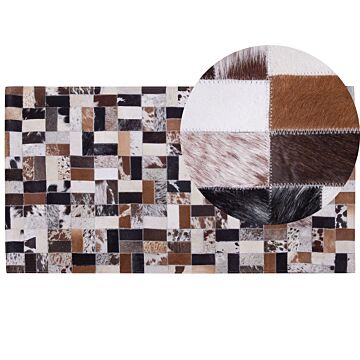 Area Rug Brown And Beige Cowhide Leather 80 X 150 Cm Rectangular Patchwork Handcrafted Beliani