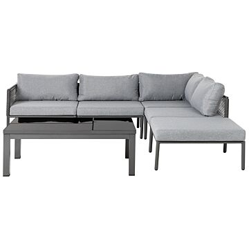 Garden Corner Sofa Set Black Aluminium Frame Grey Cushions 6 Seater Lift Top Coffee Table Glossy Finish Outdoor Beliani
