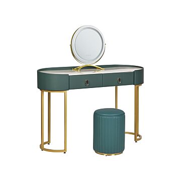 Dressing Table Green And Gold Mdf 2 Drawers Led Mirror Stool Living Room Furniture Glam Design Beliani