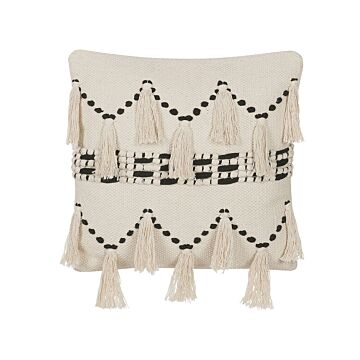 Decorative Cushion Beige Cotton 45 X 45 Cm With Tassels Boho Retro Decor Accessories Beliani