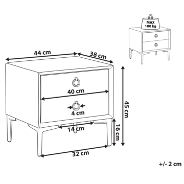 Bedside Table Light Grey Velvet Black Metal Legs With 2 Storage Drawers 44x 38 Cm Nightstand Beliani