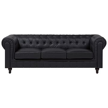 Chesterfield Sofa Black Faux Leather Upholstery Dark Wood Legs 3 Seater Contemporary Beliani