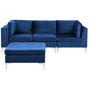 Modular Sofa Blue Velvet 3 Seater With Ottoman Silver Metal Legs Glamour Style Beliani