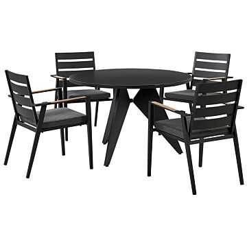Outdoor Dining Set Black Aluminium 4 Seater Round Table 110 Cm Slatted Chairs With Grey Seat Pads Beliani