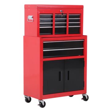Homcom Tool Chest, Metal Tool Cabinet On Wheels With 6 Drawers, Pegboard, Top Chest And Roller Cabinet Combo, 61.6 X 33 X 108cm, Red