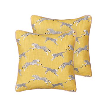 Set Of 2 Scatter Cushions Yellow Cotton 45 X 45 Cm Cheetah Motif Printed Pattern Beliani