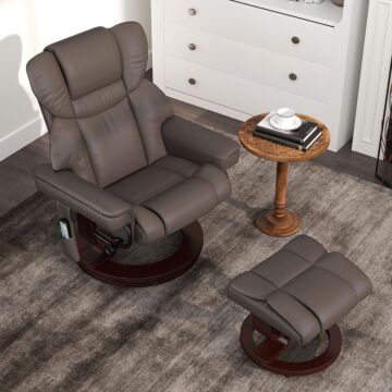 Homcom Massage Recliner Chair With Footstool, Upholstered Reclining Armchair With Adjustable Backrest, Steel Frame And Wood Base, Swivel Chair For Living Room, Bedroom, Brown