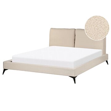 Eu King Size Panel Bed Beige Boucle Fabric 5ft3 Slatted Base With Padded Headboard Upholstered Modern Design Beliani