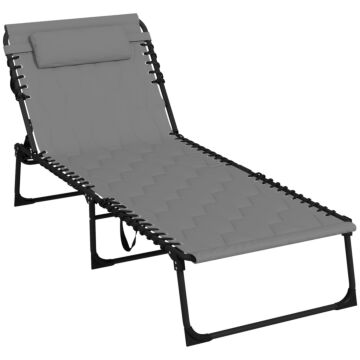 Outsunny Foldable Sun Lounger With 5-level Reclining Back, Outdoor Tanning Chair With Build-in Padded Seat, Outdoor Sun Lounger With Side Pocket, Headrest For Beach, Yard, Patio, Grey