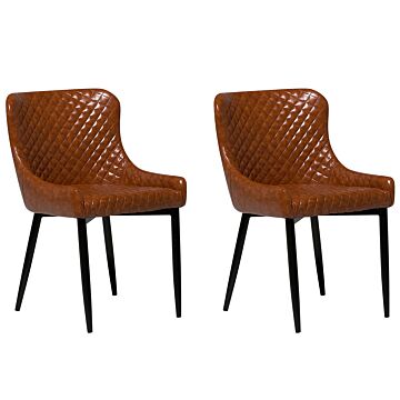 Set Of 2 Dining Chairs Brown Faux Leather Upholstery Glam Eclectic Style Beliani