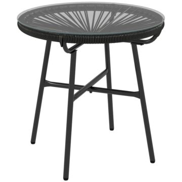 Outsunny Rattan Side Table, Round Outdoor Coffee Table, With Round Pe Rattan And Tempered Glass Table Top For Patio, Garden, Balcony, Black