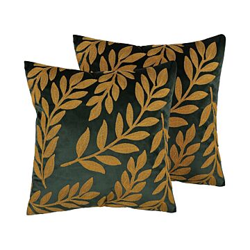 Set Of 2 Decorative Cushions Green Velvet Embroidered Leaf Pattern 45 X 45 Cm Floral Motif Glamour Retro Decor Accessories Beliani